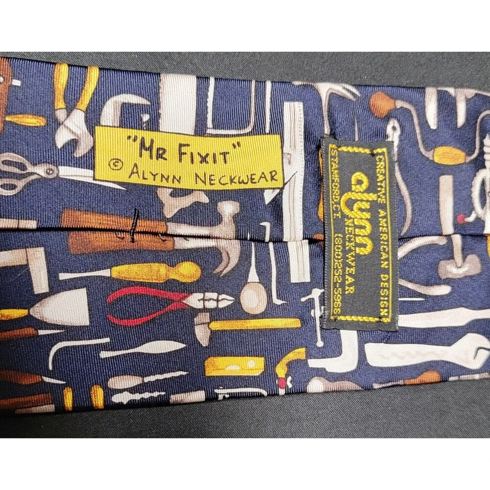 Navy Blue Mr Fix-It Handy Man Tools Construction Theme Mens Silk Necktie Alynn